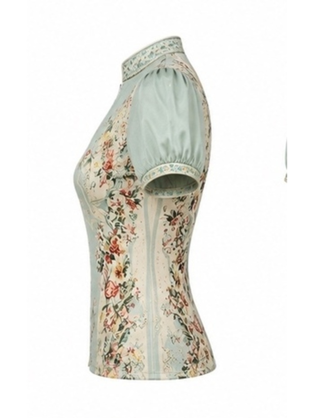 Retro Mint Green Floral Chiffon Zip-Up Top Size Small - Picture 5 of 8
